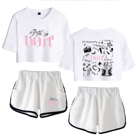 KPOP Stray Kids SKZ Do It Tracklist Print 2-Piece Outfit – Women’s Crop T-Shirt and Shorts Set ,Casual Streetwear for STAY Fans Support