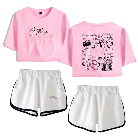 KPOP Stray Kids SKZ Do It Tracklist Print 2-Piece Outfit – Women’s Crop T-Shirt and Shorts Set ,Casual Streetwear for STAY Fans Support