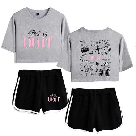 KPOP Stray Kids SKZ Do It Tracklist Print 2-Piece Outfit – Women’s Crop T-Shirt and Shorts Set ,Casual Streetwear for STAY Fans Support