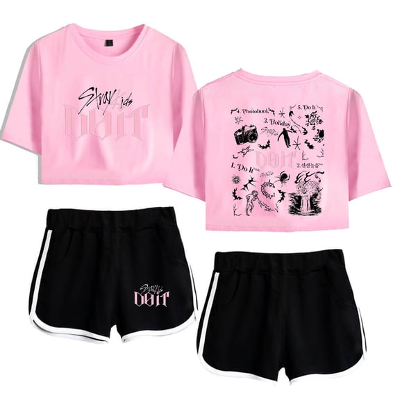 KPOP Stray Kids SKZ Do It Tracklist Print 2-Piece Outfit – Women’s Crop T-Shirt and Shorts Set ,Casual Streetwear for STAY Fans Support
