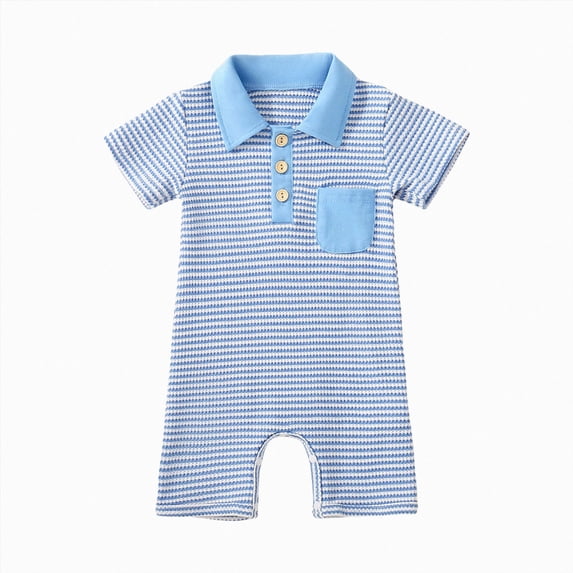 KPOPLK 0 3 6 9 12 18 24 36 48 Months Baby Boy Striped Romper One Piece Collared Neck Short Sleeve Button Down Jumpsuit Bodysuit Spring Summer Clothes(0-6 Months,Blue)