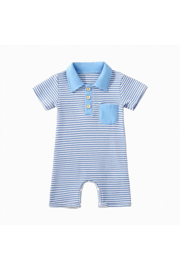 0 3 6 9 12 18 24 36 48 Months Baby Boy Striped Romper One Piece Collared Neck Short Sleeve Button Down Jumpsuit Bodysuit Spring Summer Clothes(18-24 Months,Blue)