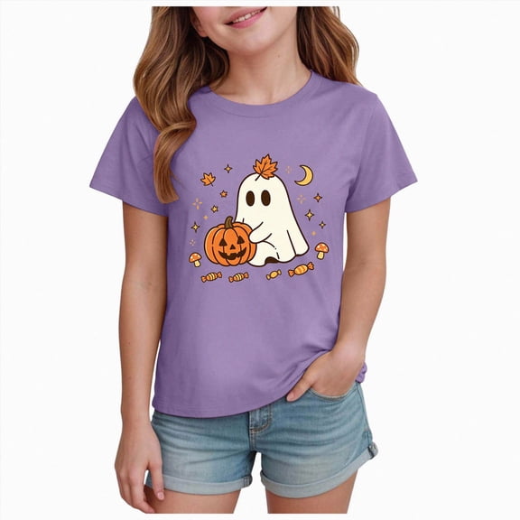 KPOPLK 1-14T Girls Halloween Shirts Pumpkin Ghost T-Shirts Kid Spooky Season Outfits Tees Tops,Size 11-12 Years