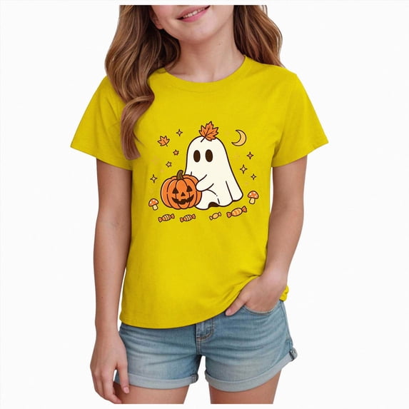 KPOPLK 1-14T Girls Halloween Shirts Pumpkin Ghost T-Shirts Kid Spooky Season Outfits Tees Tops,Size 9-10 Years