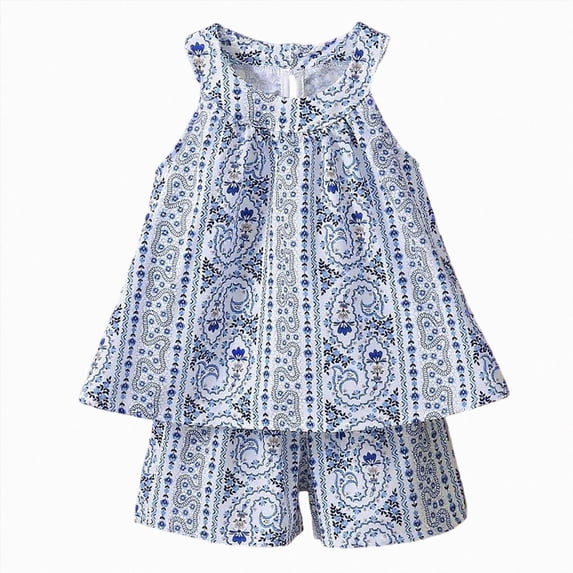 KPOPLK 1T 2T 3T 4T 5T Infant Toddler Baby Girl Floral Outfit Sleeveless Waffle Cami Tank Ruffle Tops Wide Pants Summer Clothes(18-24 Months,Blue)