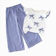 thumbnail image 1 of KPOPLK 1T 2T 3T 4T Girls Outfits 2 Piece Outfit Set Summer Ruffle Sleeve Bow Top and Gingham Pants Clothes(3-4 Years,Blue), 1 of 9