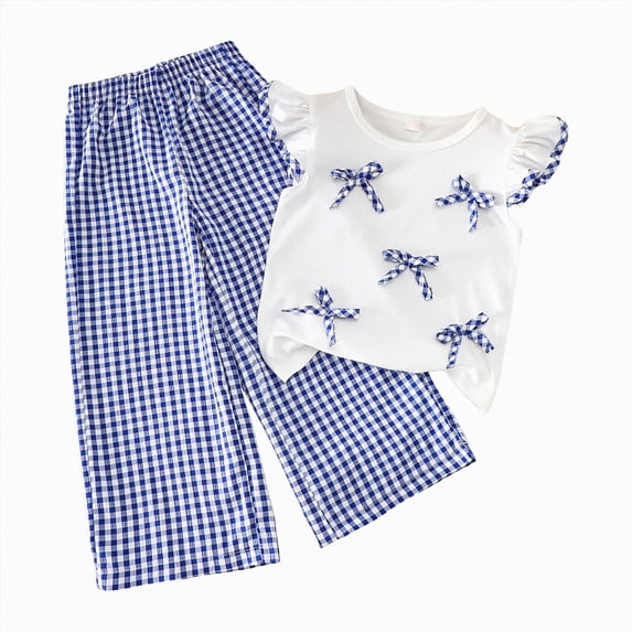 KPOPLK 1T 2T 3T 4T Girls Outfits 2 Piece Outfit Set Summer Ruffle Sleeve Bow Top and Gingham Pants Clothes(3-4 Years,Blue)