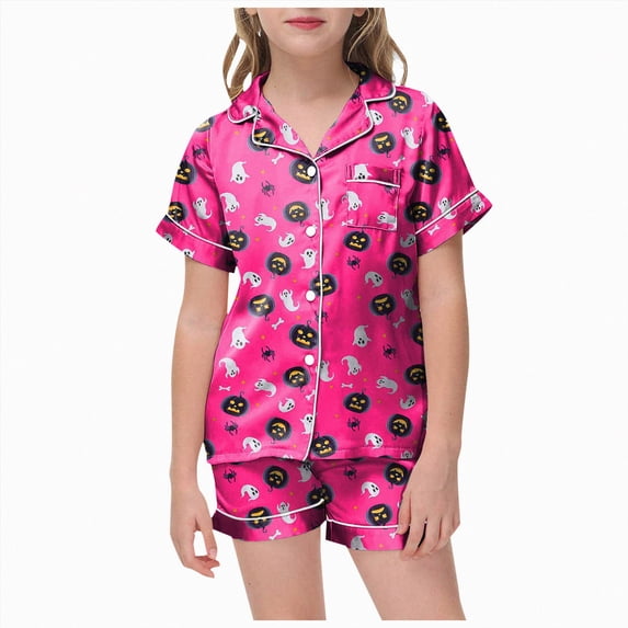 KPOPLK 2-13T Halloween Girls Pajama Set Ghost Print Short Sleeved Button Down Collar Shirt and Shorts Silk Sleepwear 2Piece,Size 4-5 Years
