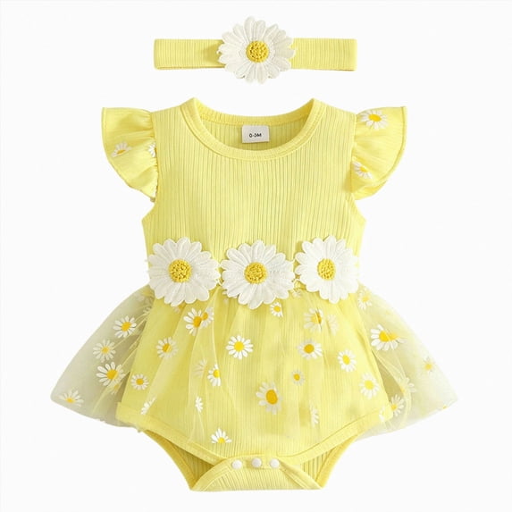 KPOPLK 2 Piece Baby Girl Outfit Summer Tulle Romper DressBubble Bodysuit and Bow Headband Set 0 3 6 9 12 18 Months(6-9 Months,Yellow)