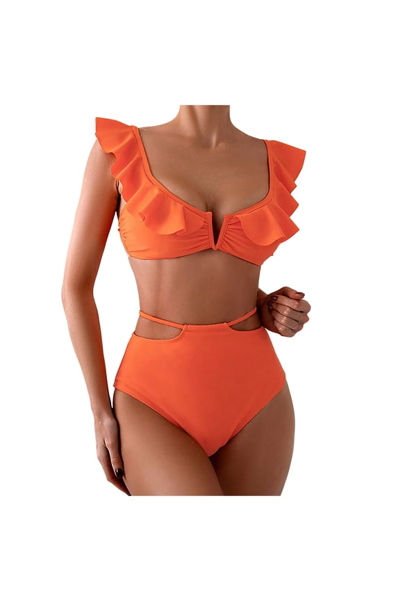 2 Piece Bathing Suit For Women Solid Ruffle Trim Bikini Set High Waisted Tummy Control Swimsuit Summer Swimwear Size S,Orange