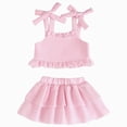 thumbnail image 1 of KPOPLK 2 Piece Toddler Girl Clothes Baby Summer Outfit Sleeveless Cutout Strap Ruffle Tank Top and Shorts Set(6-12 Months,Pink), 1 of 9