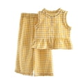 thumbnail image 1 of KPOPLK 2 Piece Toddler Girl Outfit Set Cotton Sleeveless Ruffle Strap Tops Pants Set 2Pcs Girls Cute Summer Clothes(3-4 Years,Yellow), 1 of 6