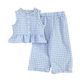 thumbnail image 1 of KPOPLK 2 Piece Toddler Girl Outfit Set Cotton Sleeveless Ruffle Strap Tops Pants Set 2Pcs Girls Cute Summer Clothes(6-7 Years,Blue), 1 of 6