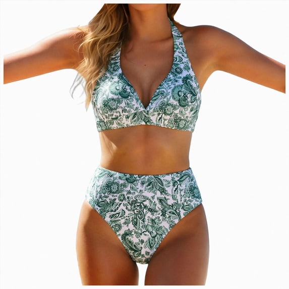 KPOPLK 2 Piece Women's Solid Bikini Set High Waisted Swimsuit Tummy Control Swimwear Halter V Neck Ruched Bathing Suit(L,Green)