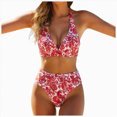 thumbnail image 1 of KPOPLK 2 Piece Women's Solid Bikini Set High Waisted Swimsuit Tummy Control Swimwear Halter V Neck Ruched Bathing Suit(L,Red), 1 of 9