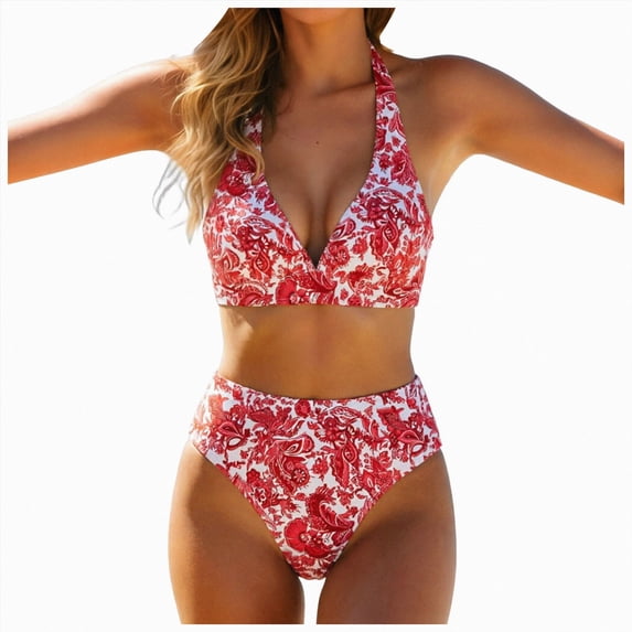 KPOPLK 2 Piece Women's Solid Bikini Set High Waisted Swimsuit Tummy Control Swimwear Halter V Neck Ruched Bathing Suit(L,Red)