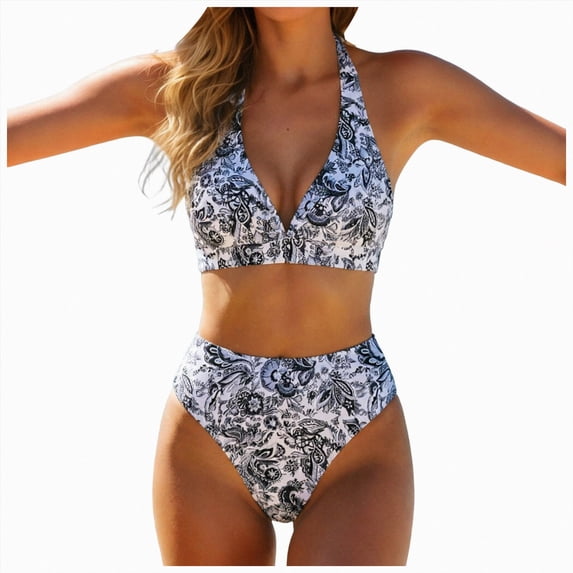 KPOPLK 2 Piece Women's Solid Bikini Set High Waisted Swimsuit Tummy Control Swimwear Halter V Neck Ruched Bathing Suit(M,Black)