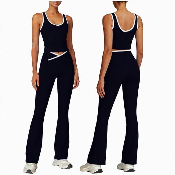 KPOPLK 2 Piece Workout Sets for Women High Waist Yoga Flare Legging with Color Block Sport Tank Tops for Athletic Gym Outfits Black L