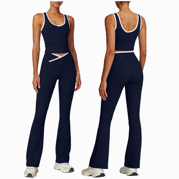 KPOPLK 2 Piece Workout Sets for Women High Waist Yoga Flare Legging with Color Block Sport Tank Tops for Athletic Gym Outfits Navy XXL