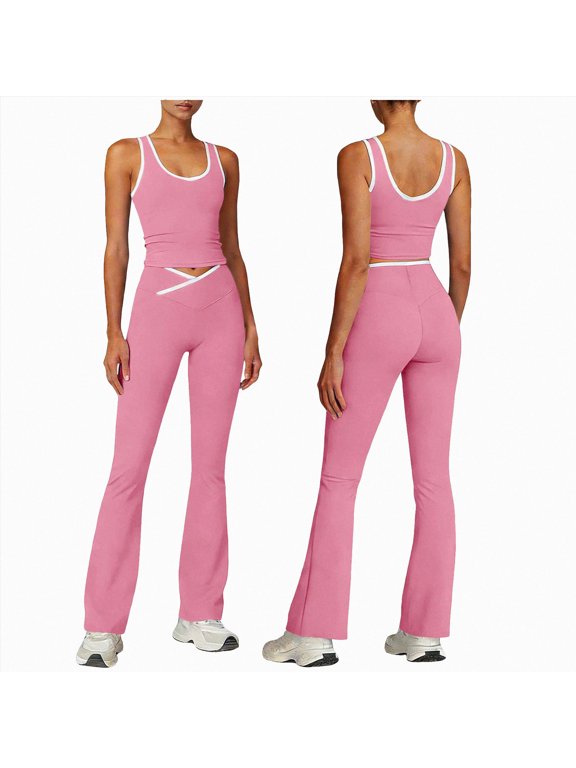 2 Piece Workout Sets for Women High Waist Yoga Flare Legging with Color Block Sport Tank Tops for Athletic Gym Outfits Pink XXL