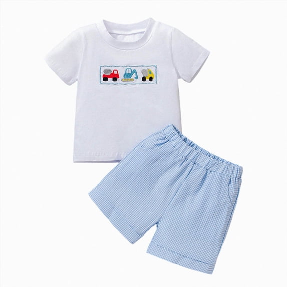 KPOPLK 2Pcs Toddler Baby Boy Outfit 12 18 24 Month 2T 3T 4T Kids Shirt Tops + Shorts Set Truck Embroidery Summer Clothes Size 18-24 Months,White