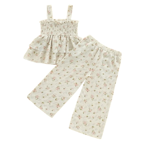 KPOPLK 2Pcs Toddler Baby Girl Clothes Set Tie-Up Strap Ruffle Camisole Tops Pants Set Little Girls Summer Outfits(5-6 Years,Beige)