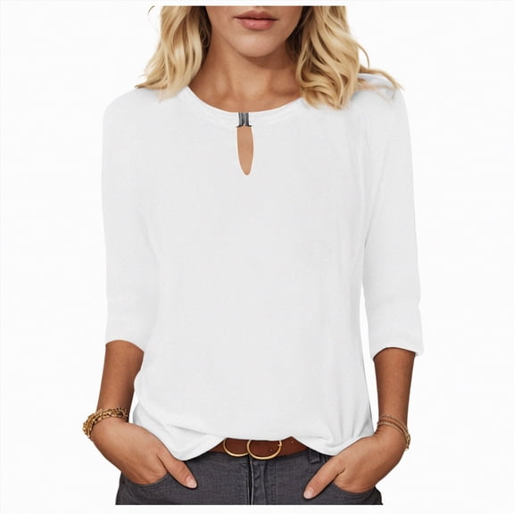 KPOPLK 3/4 Length Sleeve Womens Tops Casual V Neck Shirts Soft Basic Tees Business Work Blouses(M,b54-White)