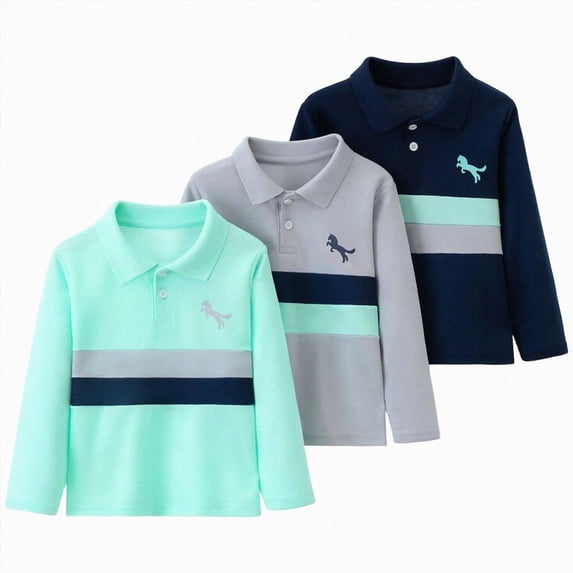 KPOPLK 3 Packs Toddler Boys Color Block Graphic T Shirts Long Sleeve Casual Cotton Fashion Kids Fall Clothes,Size 7-8 Years