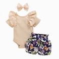 thumbnail image 1 of KPOPLK 3 Piece Newborn Infant Baby Girl Clothes Ruffle Sleeve Romper Shorts Set Floral Summer Outfits Cute Baby Girl Clothing(0-6 Months,Beige), 1 of 9