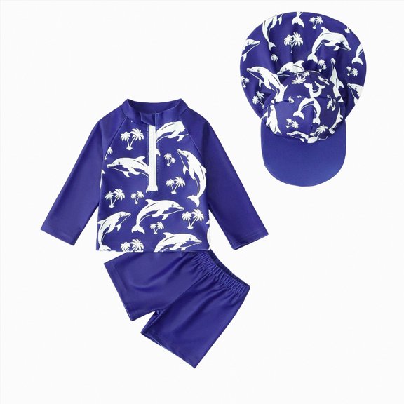 KPOPLK 3Pcs Toddler Boys Rashguard Swimsuit Set Kids Long Sleeve Cartoon Print Bathing Suit Swimwear with Sun Hat 1-7T(Navy,6-12 Months)