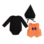 KPOPLK 3Piece Baby Halloween Witch Outfit Set 1 3 6 9 12 Months Black Bodysuit One-piece Orange Vest Hat Bow Tie for InfantOrange,12-18 Months