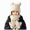 thumbnail image 1 of KPOPLK 3Piece Girls Boys Solid Color Beanie Hat Glovs Set Fleece Lined Winter Hat with Pom Pom for Cold Weather(3-8 Years,Beige), 1 of 5