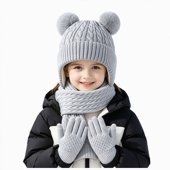 KPOPLK 3Piece Girls Boys Solid Color Beanie Hat Glovs Set Fleece Lined Winter Hat with Pom Pom for Cold Weather(3-8 Years,Grey)