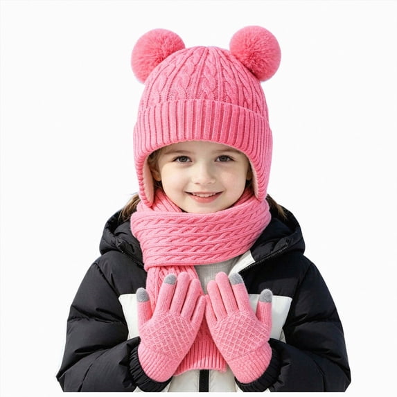 KPOPLK 3Piece Girls Boys Solid Color Beanie Hat Glovs Set Fleece Lined Winter Hat with Pom Pom for Cold Weather(3-8 Years,Pink)