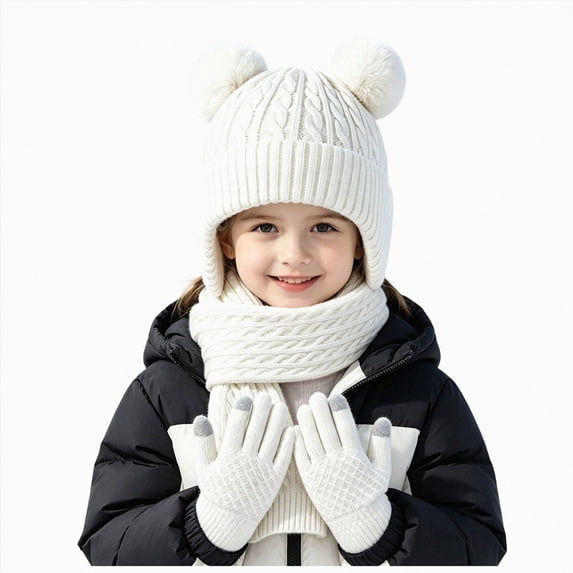 KPOPLK 3Piece Girls Boys Solid Color Beanie Hat Glovs Set Fleece Lined Winter Hat with Pom Pom for Cold Weather(3-8 Years,White)
