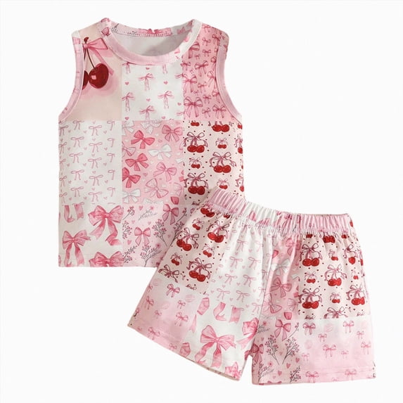 KPOPLK 9 12 18 24 M 3T Toddler Girl Clothes Baby Girl Summer Outfits Graphic Print Ruffle Sleeveless Shirts Tops Shorts Set for Girl Clothing(2-3 Years,White)