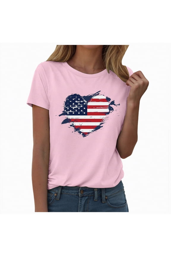 American Flag Heart Shirts for Women 4th of July T-Shirt Graphic Patriot Tee USA Flag Shirt Tops(Pink,XL)