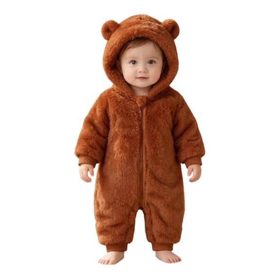 KPOPLK Baby Bear Ear Hooded Romper 0 3 6 9 12 18 Months Fuzzy Fleece Onesie Jumpsuit for Infant Toddler Winter Warm Outfit(Brown,0-3 Months)