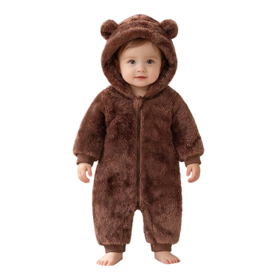KPOPLK Baby Bear Ear Hooded Romper 0 3 6 9 12 18 Months Fuzzy Fleece Onesie Jumpsuit for Infant Toddler Winter Warm Outfit(Coffee,12-18 Months)