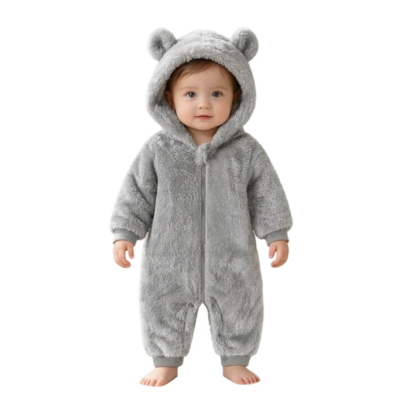 KPOPLK Baby Bear Ear Hooded Romper 0 3 6 9 12 18 Months Fuzzy Fleece Onesie Jumpsuit for Infant Toddler Winter Warm Outfit(Grey,0-3 Months)