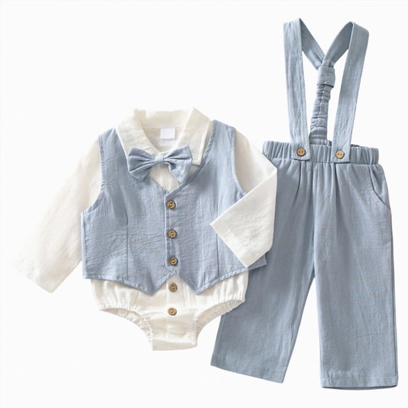 KPOPLK Baby Boy 3 Piece Formal Suit Outfit Bow Tie Fake Vest Bodysuit Suspender Pants Set for Newborn Infant,Size 0-3 Months
