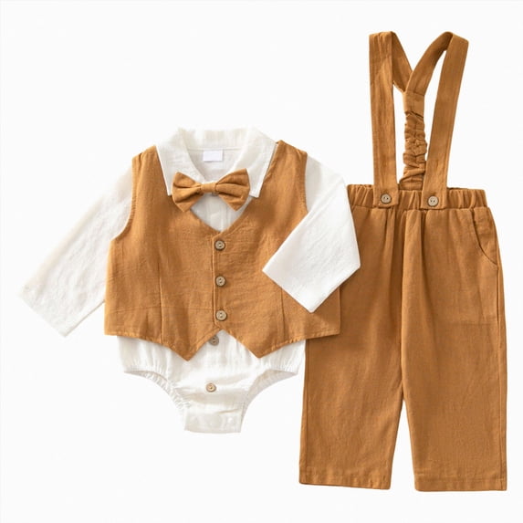KPOPLK Baby Boy 3 Piece Formal Suit Outfit Bow Tie Fake Vest Bodysuit Suspender Pants Set for Newborn Infant,Size 12-18 Months