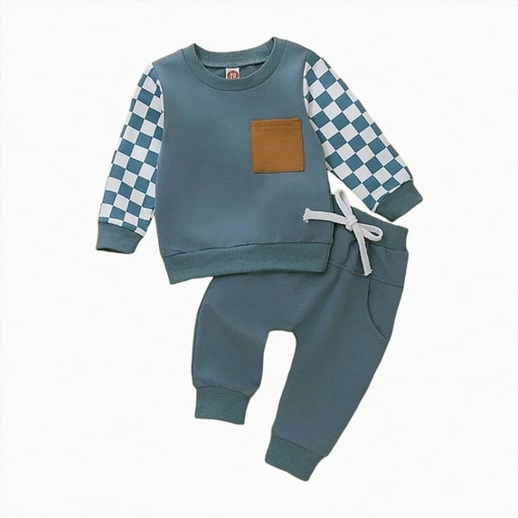 KPOPLK Baby Boy Girl Fall Outfits Checkered Plaid Pullover Sweatshirt Top Pants Set Trendy Toddler Checkerboard Outfit(Z1-Blue&1,6-12 Months)
