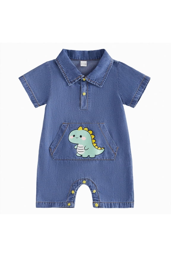Baby Boy Girl Summer Jumpsuit Short Sleeve Cartoon Print Collared Romper Cotton Lapel Button Striped Bodysuit Clothes Size 3-6 Months,Blue