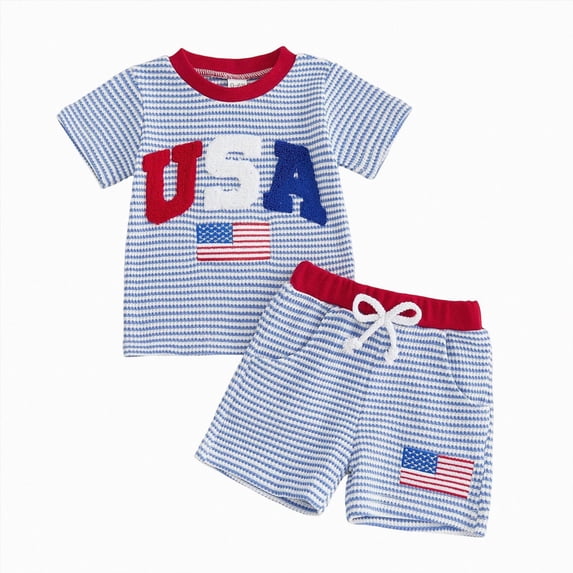 KPOPLK Baby Boy Summer Clothes USA Flag Embroidered Waffle Knit Short Sleeve T-Shirt Shorts Set Toddler Striped Outfit(6-12 Months,Blue)
