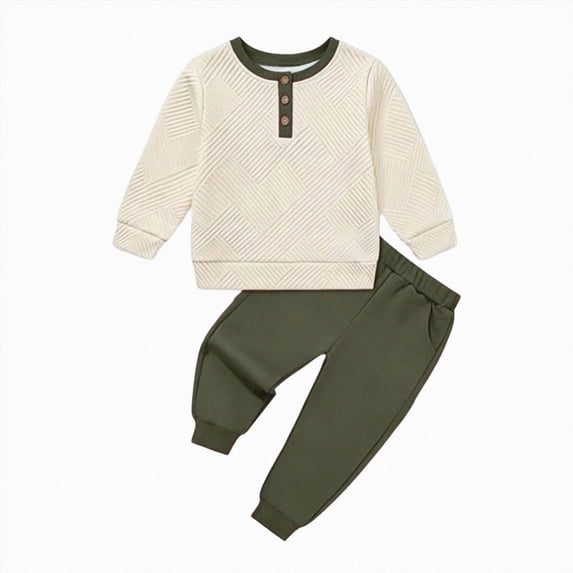 KPOPLK Baby Boys Casual Two Piece Outfit Fall Waffle Round Neck Long Sleeve Shirt Elastic Waist Jogger Pants Lightweight Set Green Size 4-5 Years