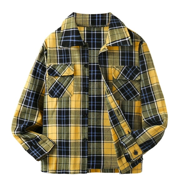 KPOPLK Baby Boys Flannel Shirt Toddler Long Sleeve Button Down Plaid Shirt Little Boys Kids Fall Casual FlannelThin Style(9-10 Years,Yellow)