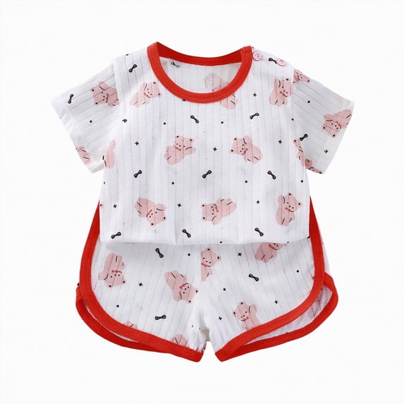 KPOPLK Baby Girl Boy Summer Outfits 2 Piece Toddler Clothes Trendy Print Short Sleeve Cotton T-Shirt and Pull on Shorts Sets Size 3-6 Months,Red