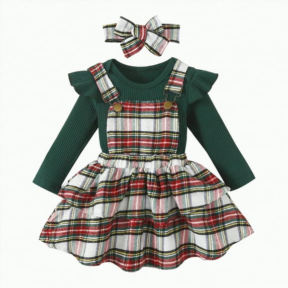 KPOPLK Baby Girl Christmas Clothes Plaid Outfits Long Sleeve Romper Overall Skirt Dress Cute Outfit(Green#1,6-12 Months)