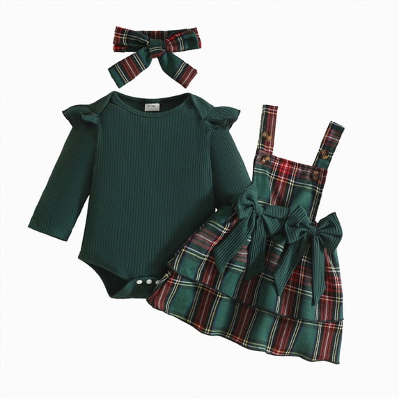 KPOPLK Baby Girl Christmas Plaid Overall Dress Set Long Sleeve Flutter Romper + Suspender Skirt + Bow Headband 3 Piece Infant Holiday Outfit,Size 9-12 Months
